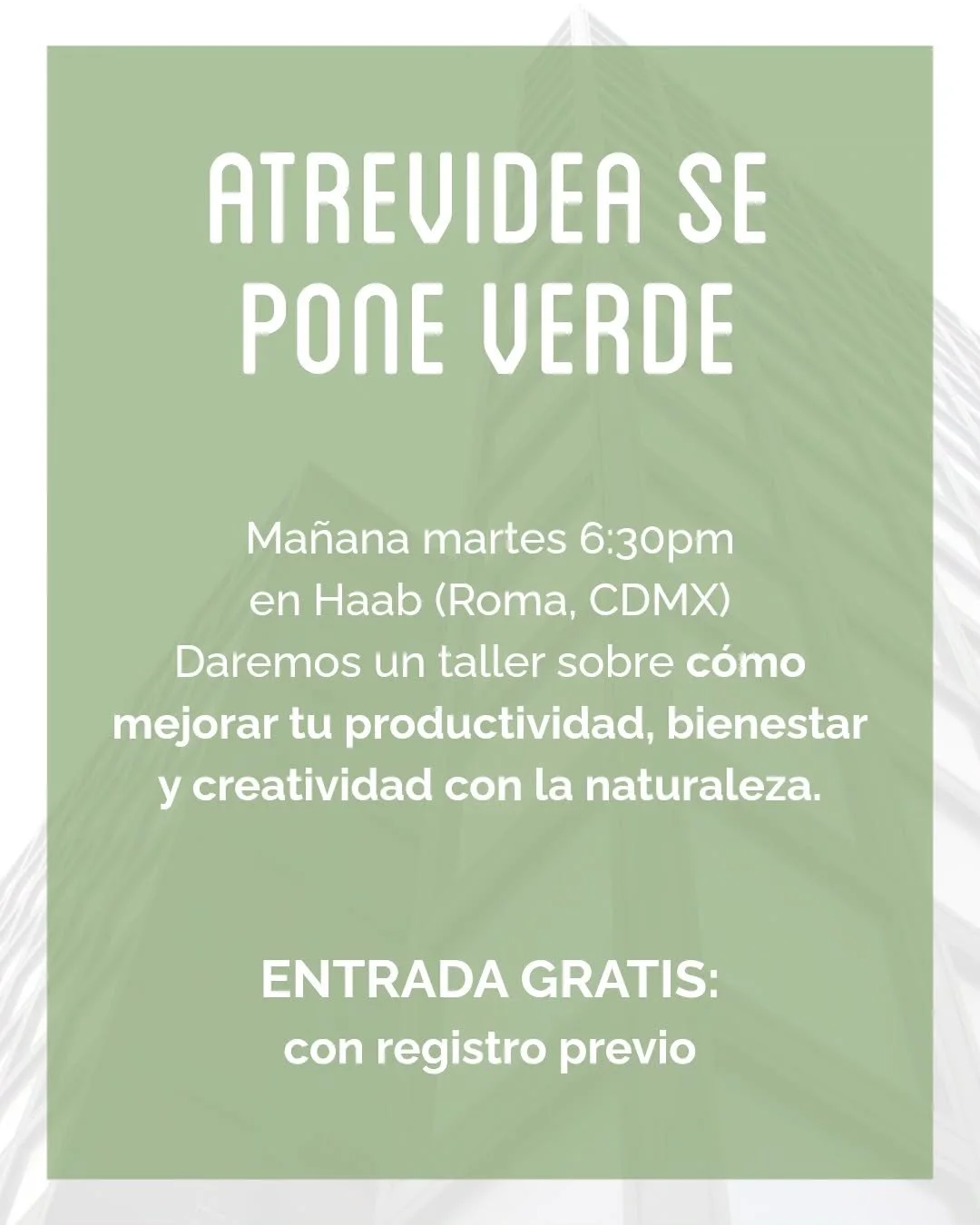 Atrevidea se pone verde 🪴

Si vives en CDMX, &iexcl;esto te interesa! 

Ma&ntilde;ana martes a las 6:30 pm en Haab (Col. Roma) daremos un taller sobre c&oacute;mo mejorar tu productividad, bienestar y creatividad con la naturaleza.

Es totalmente GR