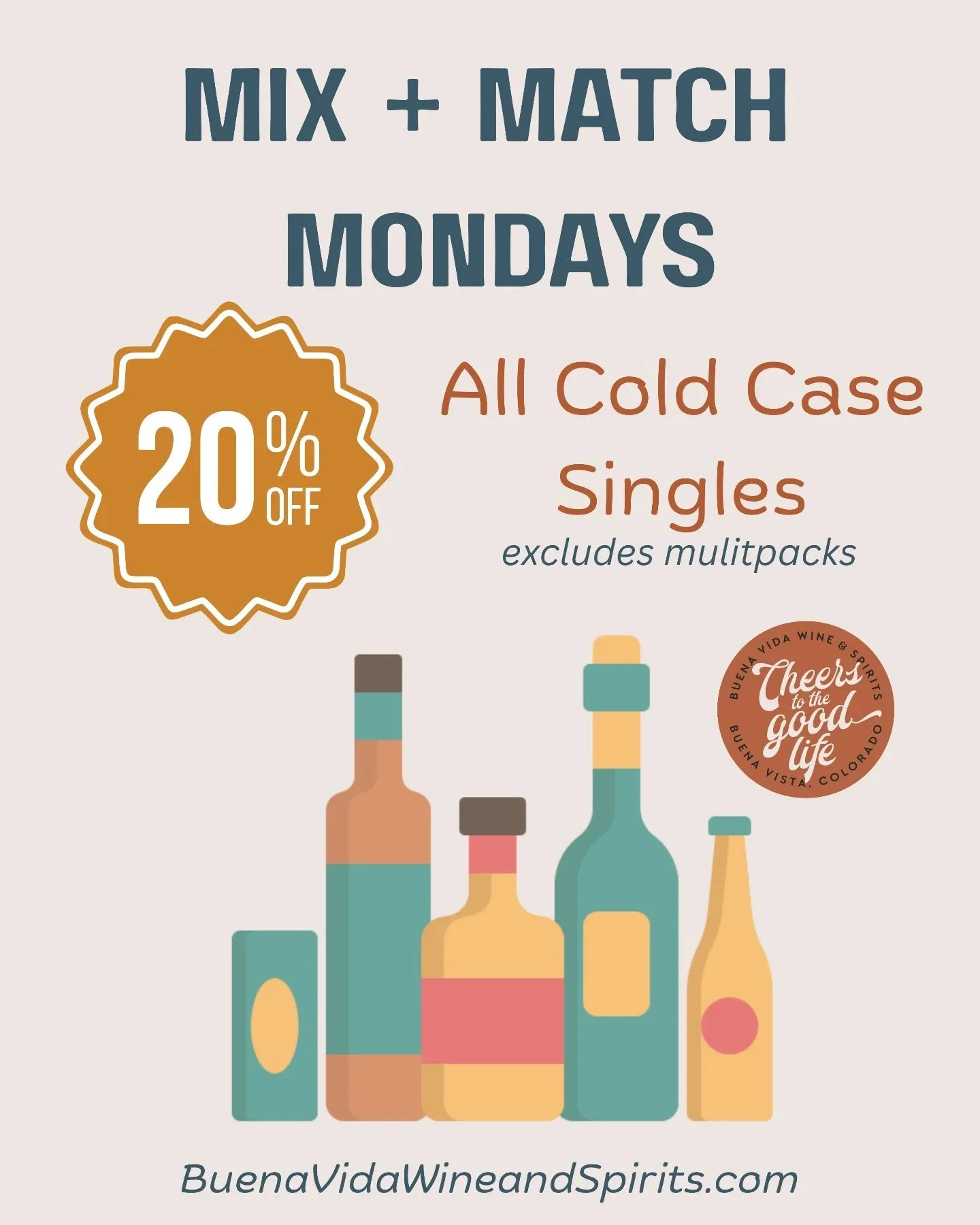 Mondays just improved.&nbsp;

20% off cold case singles every Monday (excludes multipacks).

Stop in and stock the fridge for the week ahead. 🥂

#wineshop #mondaymood #coloradobusiness #shoplocal #smalltownliving❤️