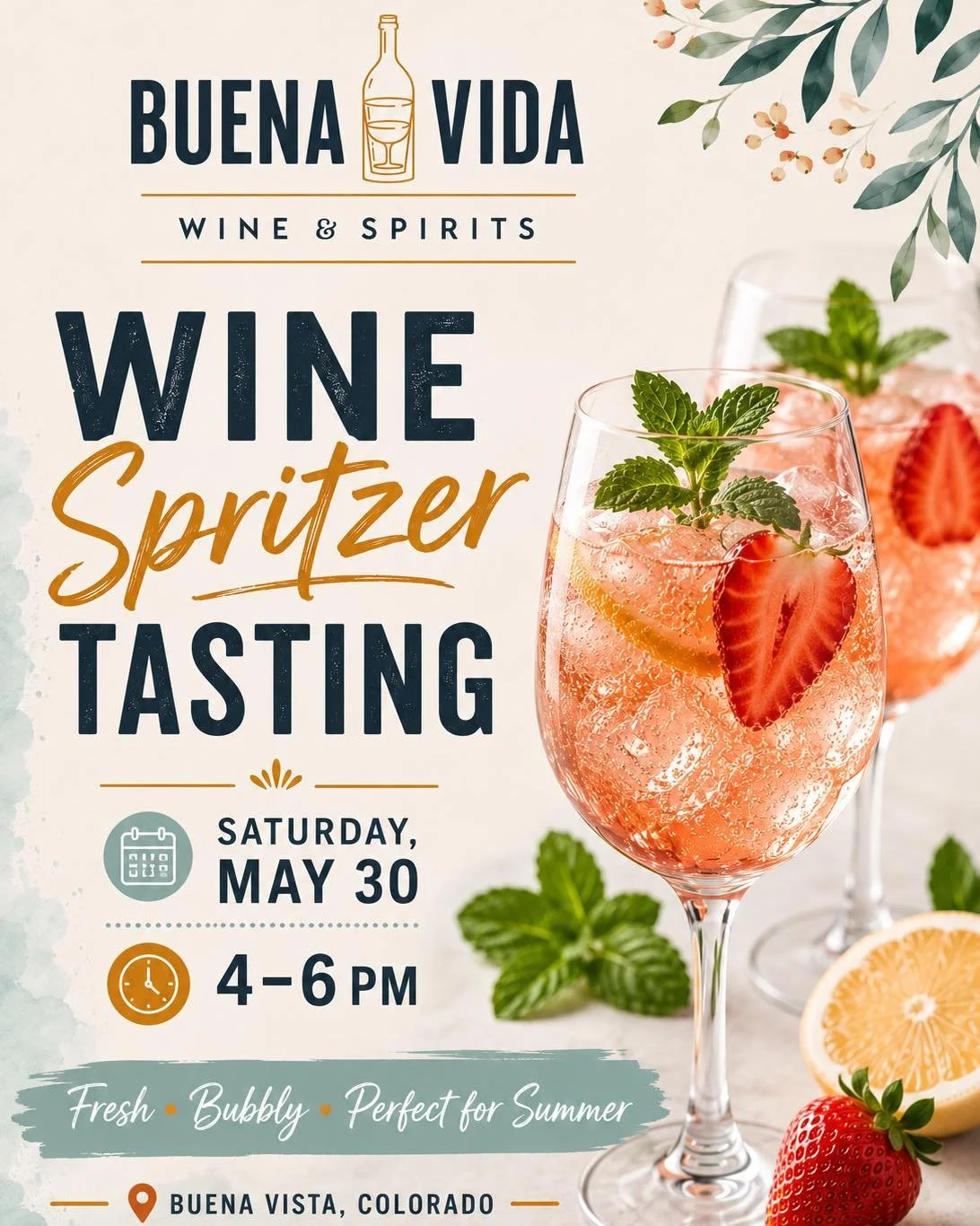 Free Wine Spritzer Tasting Saturday May 30th 4-6 PM. Join us for a tasting built around the most refreshing thing in your glass, wine spritzers done right. Light, bubbly, and perfectly suited for a hot day, these are the pours that make summer feel l