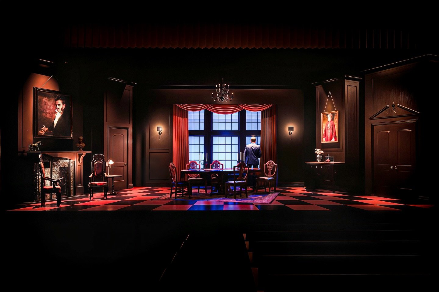 An Inspector Calls &mdash; Okoboji Summer Theatre, 2022
Scenic Design: Brandon PT Davis
Directed by Stephen Brotebeck

This Vectorworks rendering reimagines the play&rsquo;s iconic dining room with bold symmetry, looming portraits, and dramatic contr