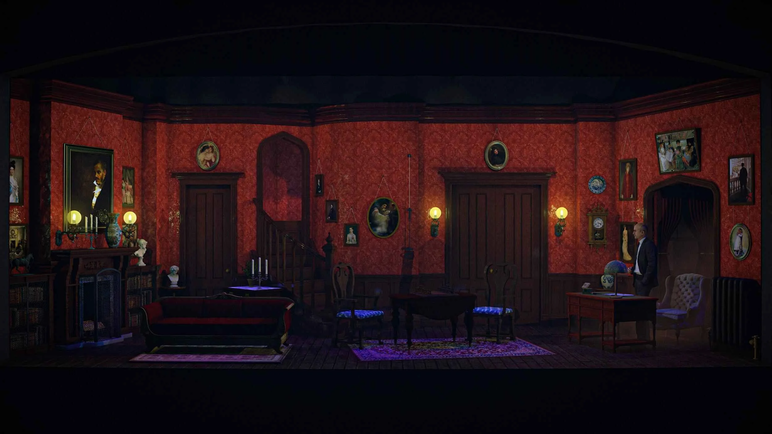 Vectorworks scenic design rendering by Brandon PT Davis for Angel Street at Okoboji Summer Theatre.