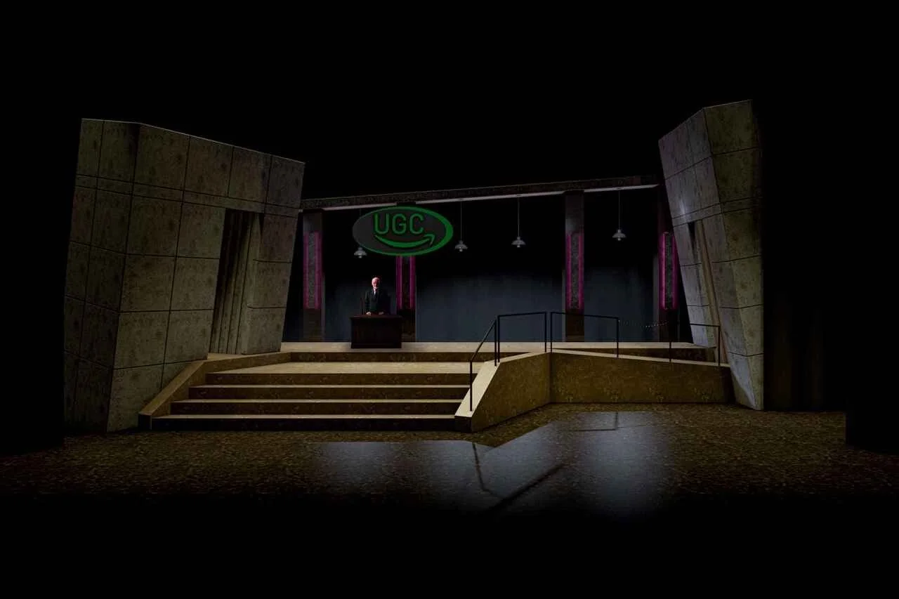 Empty auditorium stage with a person standing at a podium, UGC logo hanging above, and modern decor with pink neon accents