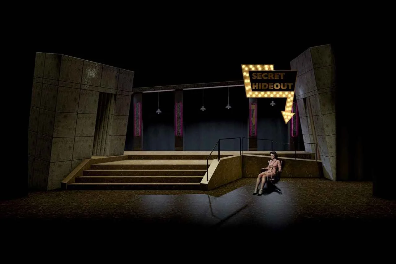 Stage set with staircase, a woman sitting on a swing chair, and a large illuminated sign pointing to a secret hideout