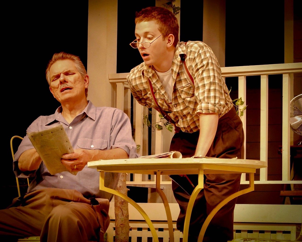 Production photo of All My Sons at Stephens College. Alex Dean and Rob Doyen.