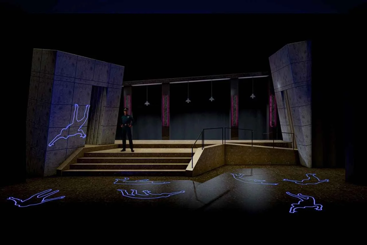 Stage with a security guard standing on stairs, surrounded by illuminated outline figures of people on the floor and walls, with purple and pink vertical banners and hanging lights.