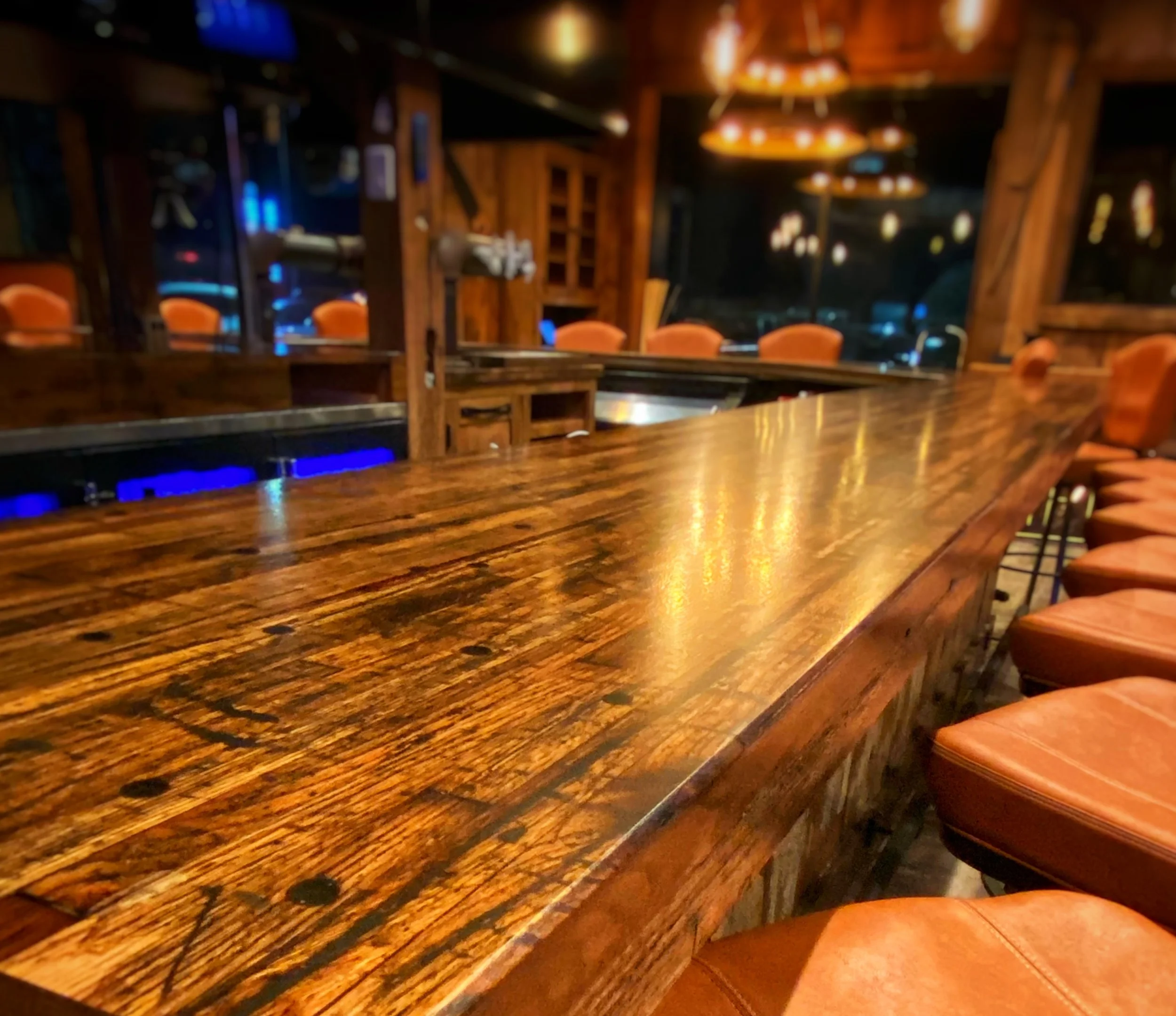 Epoxy coatings on bar top surfaces make for easy maintenace and protecting the surface against impact and scratches for a long time to come.