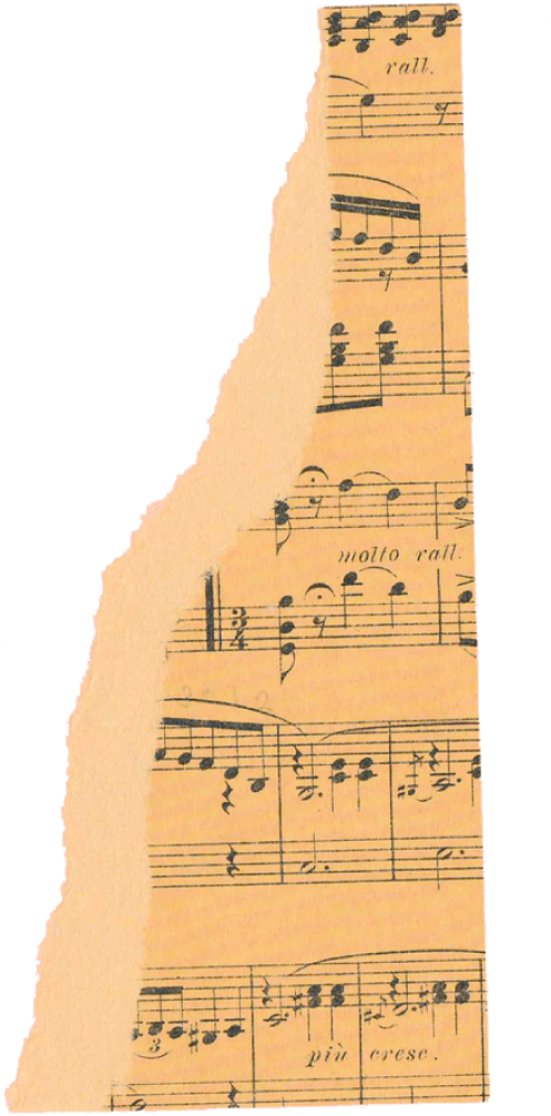 Torn piece of sheet music with musical notes, markings, and lyrics, including 'all', 'molto rall', and 'pian crese' on aged, light brown paper.