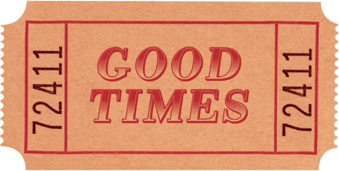 A vintage-style concert or event ticket with the words "Good Times" printed in red and pink letters and the number 724411 printed vertically on both sides.