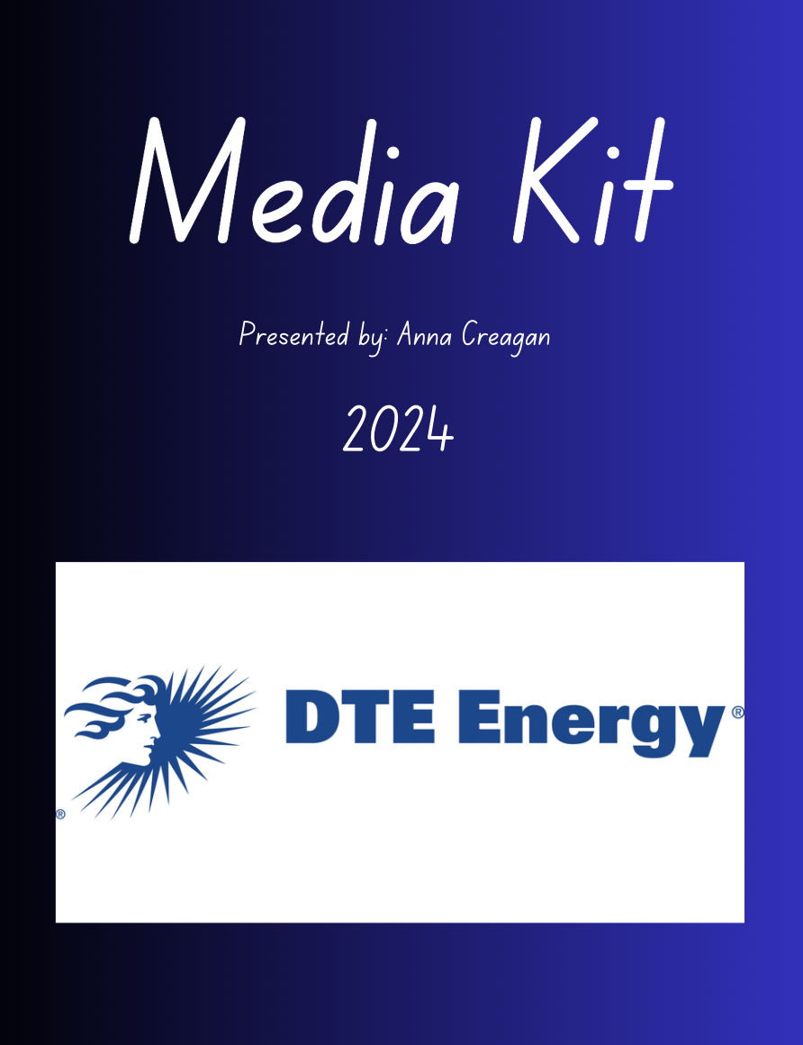 Cover page of a media kit presentation, titled 'Media Kit,' presented by Anna Creagan for DTE Energy, dated 2024, with DTE Energy's logo, featuring a stylized face of a person with flowing hair and radiating lines.
