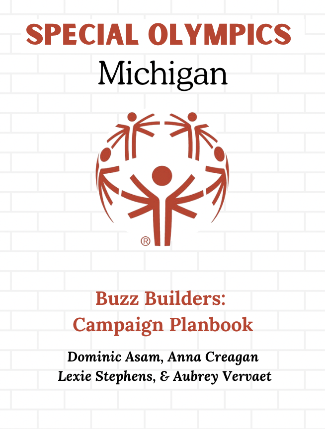 Cover page of a campaign planbook titled 'Special Olympics Michigan Buzz Builders: Campaign Planbook' featuring a logo with stylized human figures in a circle.