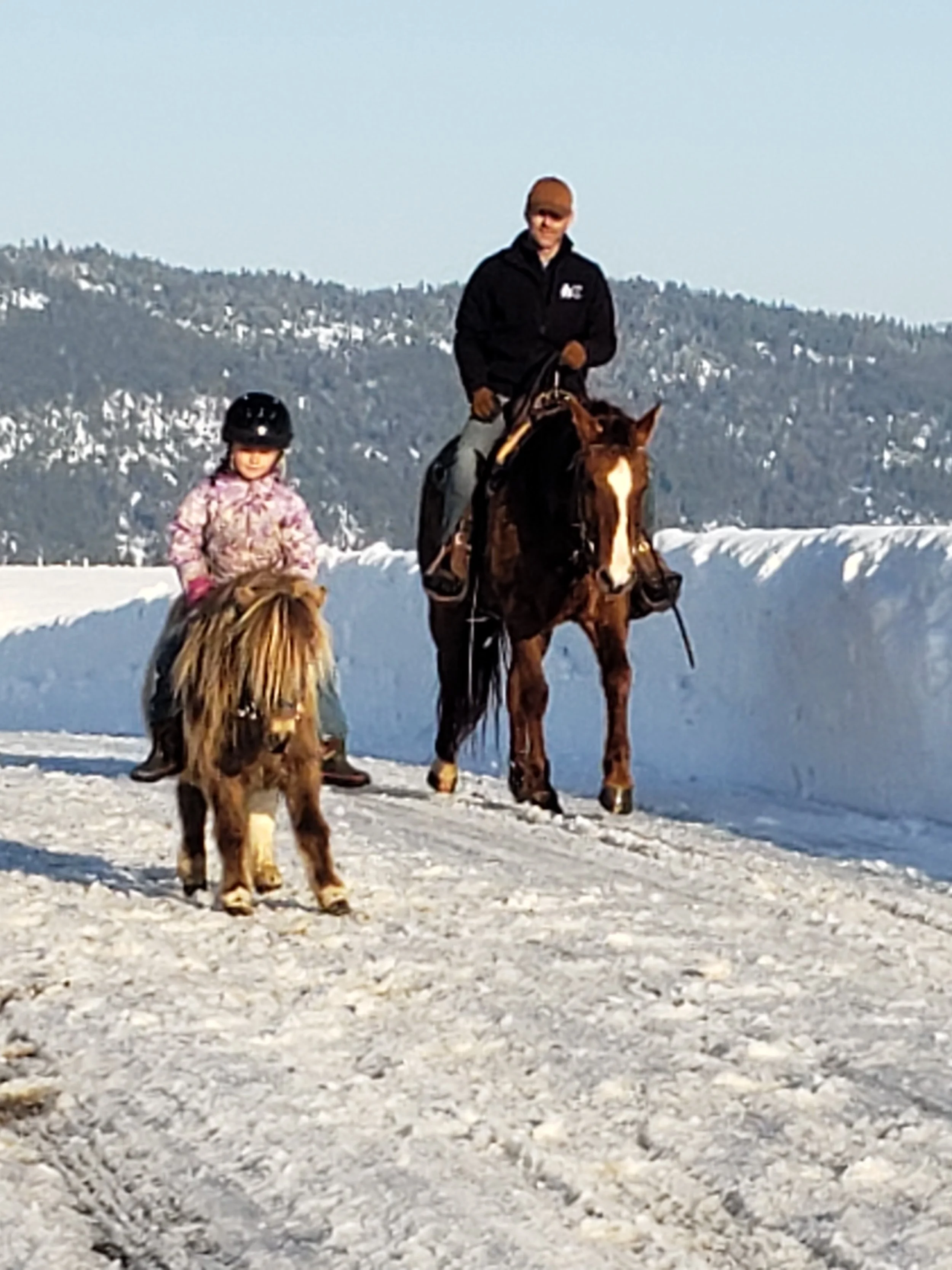 A child riding a pony and an adult riding a horse on a snowy path with mountains in the background.