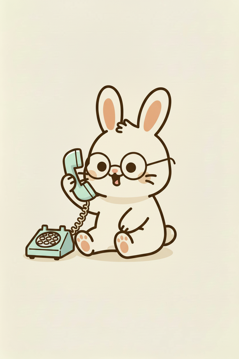 Cute cartoon bunny wearing glasses, holding a rotary phone receiver, sitting on the floor with the phone's base next to it.