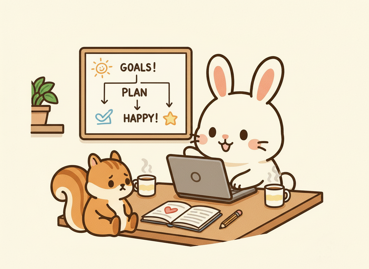 A cute bunny and a squirrel sitting at a table with a laptop, coffee mugs, and an open notebook, in front of a whiteboard with goals and plans.