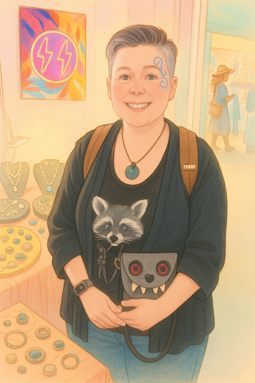 A person with short hair and face paint, smiling, standing in a jewelry store. They wear a black raccoon T-shirt, a brown backpack, and hold a gray handbag with red eyes and monster teeth. Behind them are jewelry displays with necklaces and rings, and artwork on the wall.