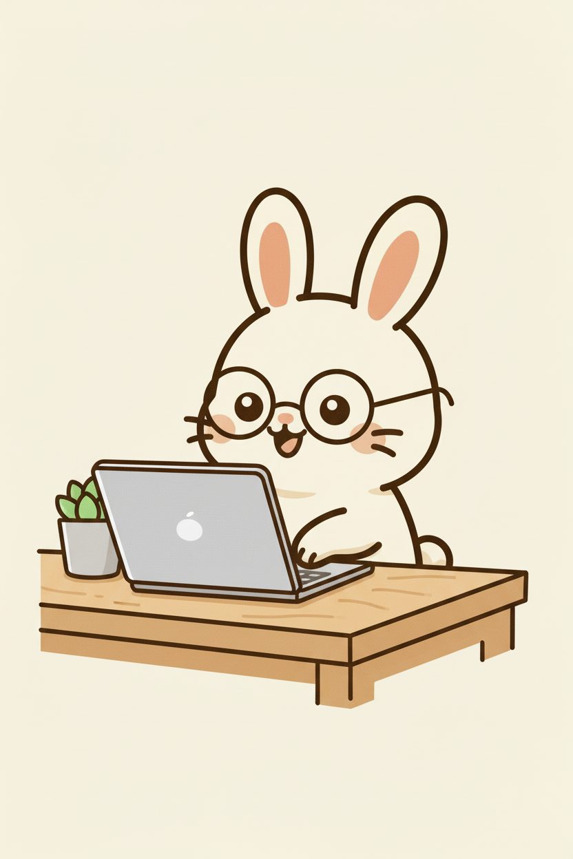 Cute cartoon bunny wearing glasses, sitting at a wooden desk with a laptop and a small potted plant.
