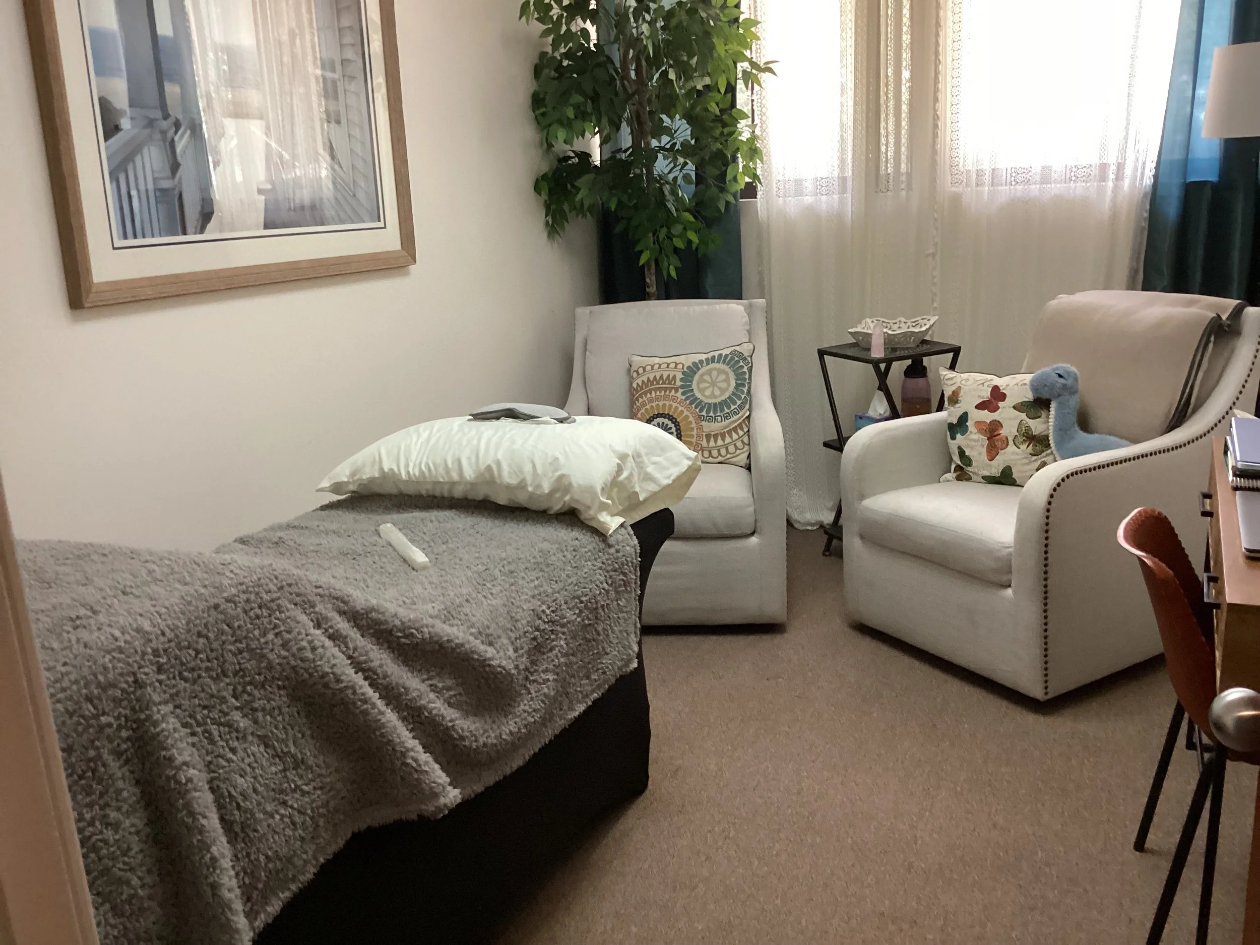 A cozy room with medical equipment, including a bed with a blanket and a pillow, two armchairs with decorative pillows, a side table, and a large plant near a window with curtains.