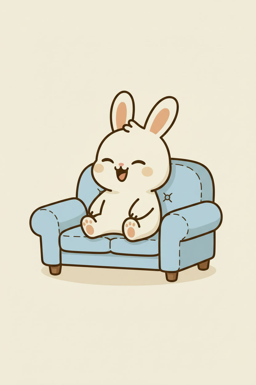 Cartoon bunny sitting on a blue armchair, smiling with eyes closed.