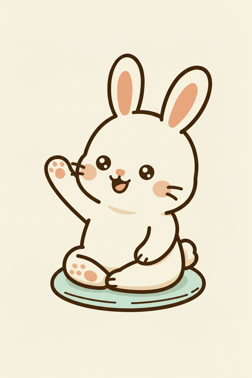 A cute, cartoon-style white bunny with pink cheeks, sitting on a light blue mat, waving, with large expressive eyes and a happy expression.