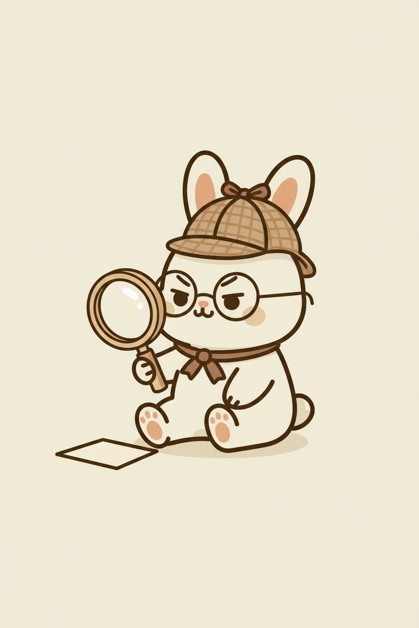 Cute cartoon bunny dressed as a detective with glasses, a detective hat, and a magnifying glass, sitting on the ground with a piece of paper nearby.