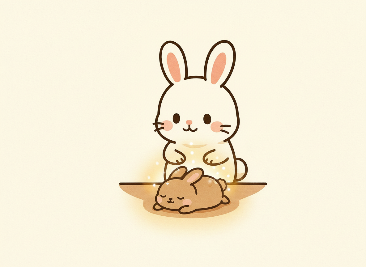 Cute illustration of a white bunny with pink cheeks and inside pink ears, sitting behind a brown sleeping bunny with closed eyes, on a light beige background.