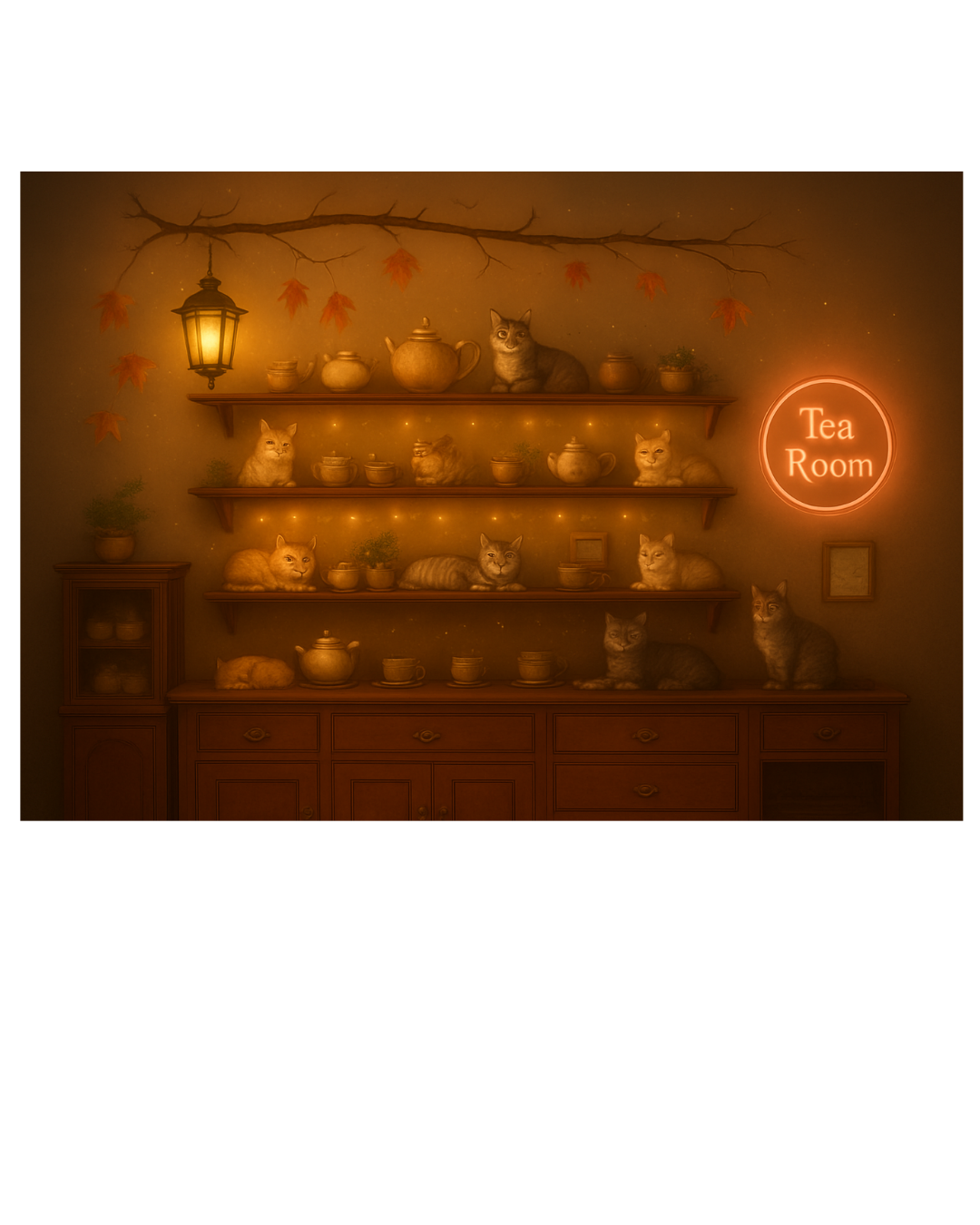 A cozy tea room with decorative shelves holding cats, teapots, and cups, illuminated by warm lighting and a neon sign that reads 'Tea Room'.