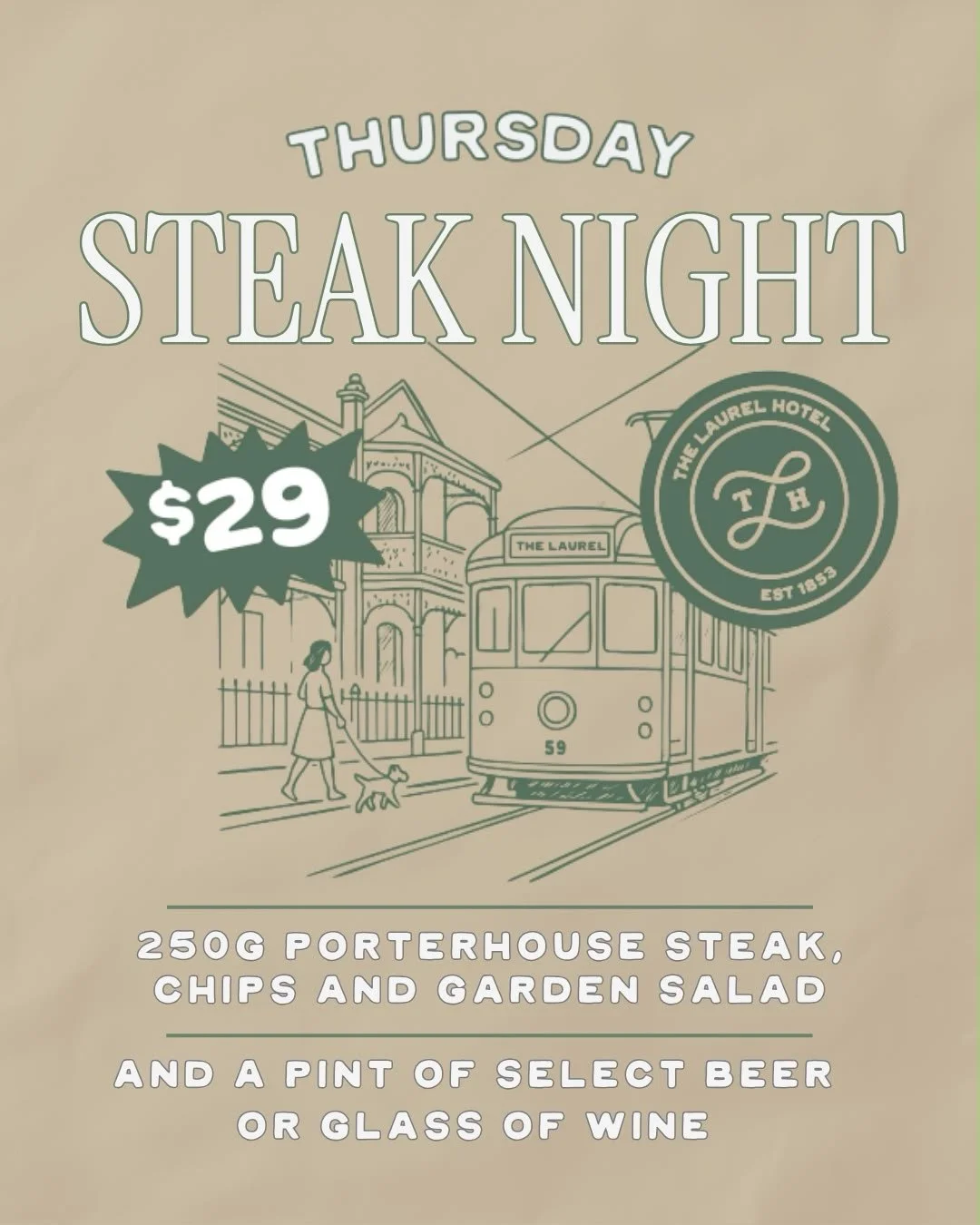A promotional poster for Thursday Local's Night at The Laurel Hotel, featuring a drawing of a streetcar, a woman walking her dog, and event details including price, menu options, and reservation information.