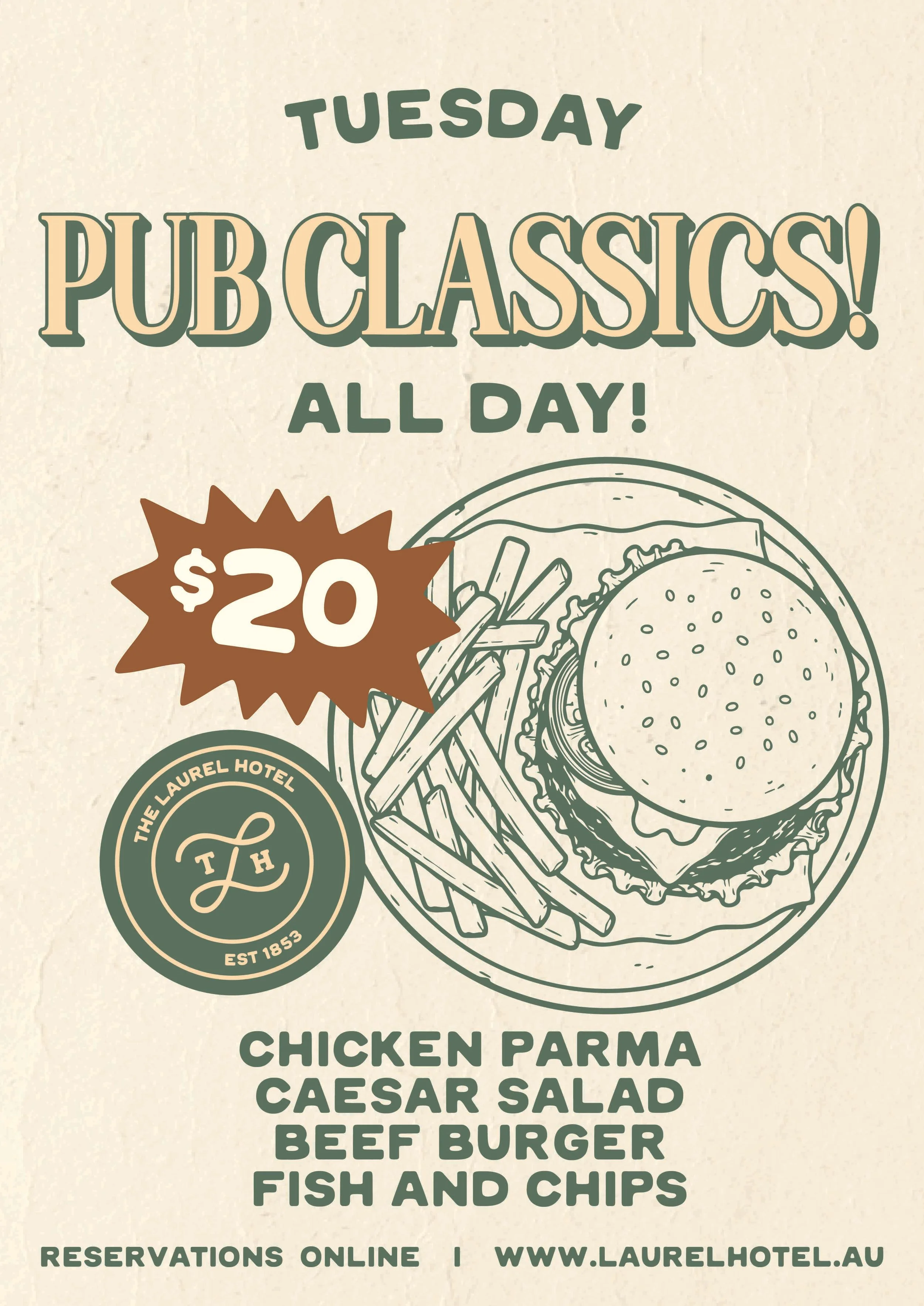Poster advertising Tuesday $20 Pub Classic meals - Parma, Caeser, Burger, Fish & chips