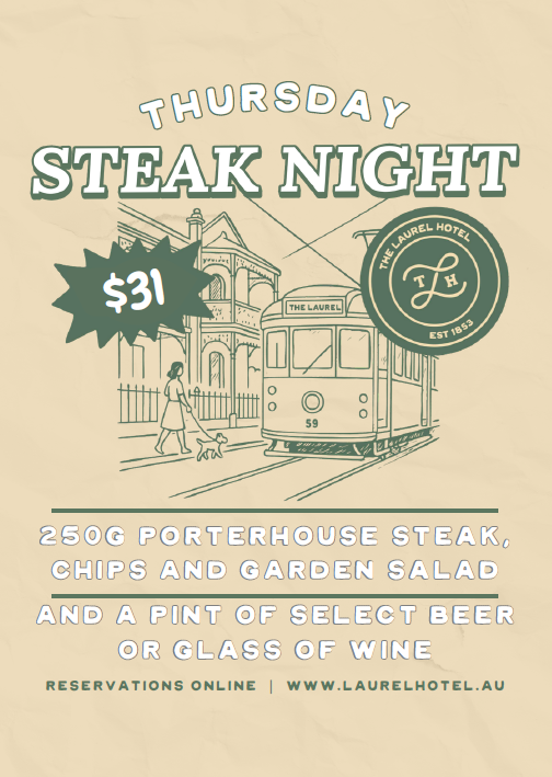 $31 Steak & Sip, available all day! Enjoy a steak with a selected tap beer or glass of wine, then stick around for our Thursday night Meat Raffle. 