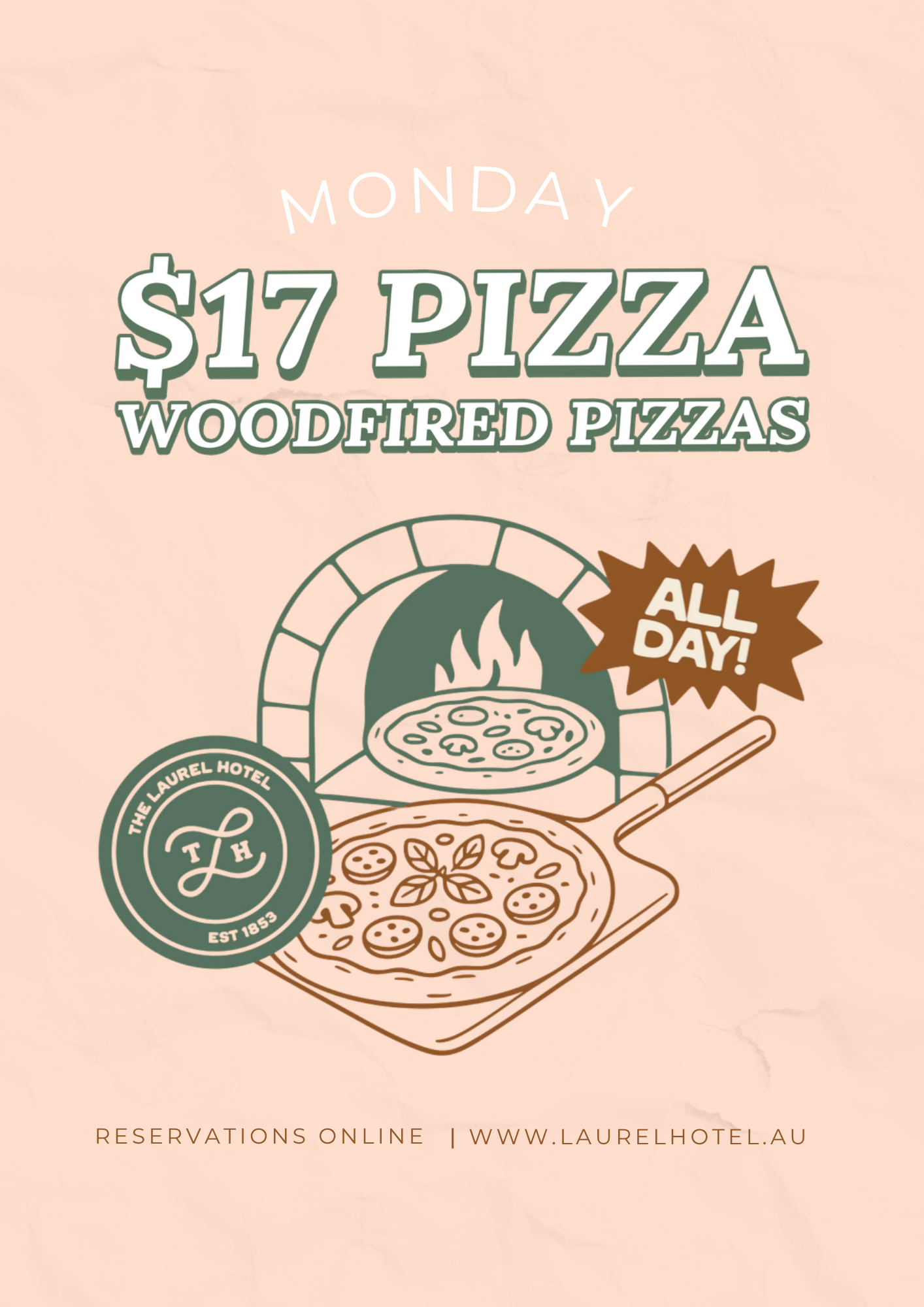 There’s really no need to cook on Monday’s anymore, we’ve got you sorted. $17 Pizza available all day!