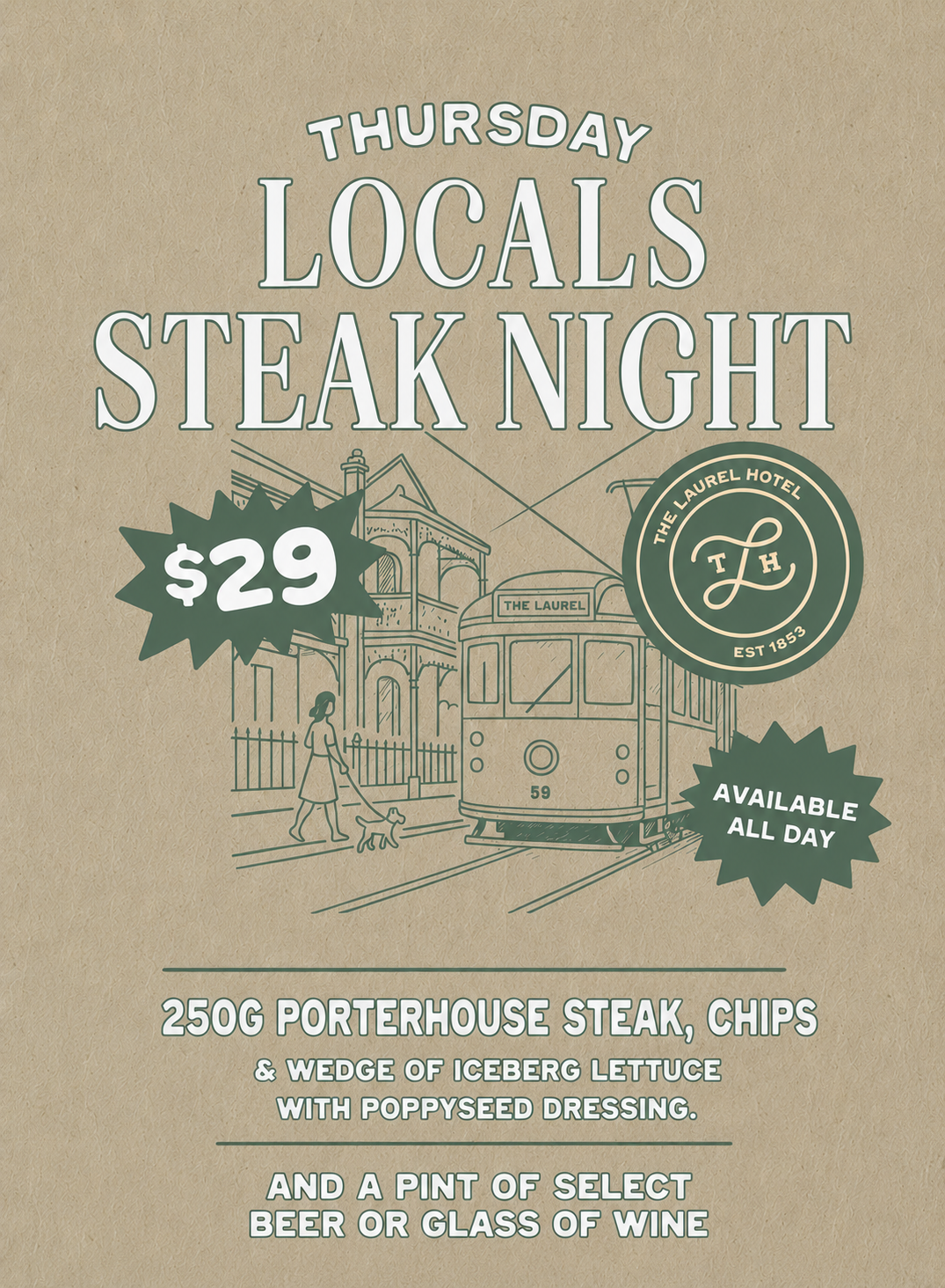A promotional poster for Thursday Local's Night at The Laurel Hotel, featuring a drawing of a streetcar, a woman walking her dog, and event details including price, menu options, and reservation information.