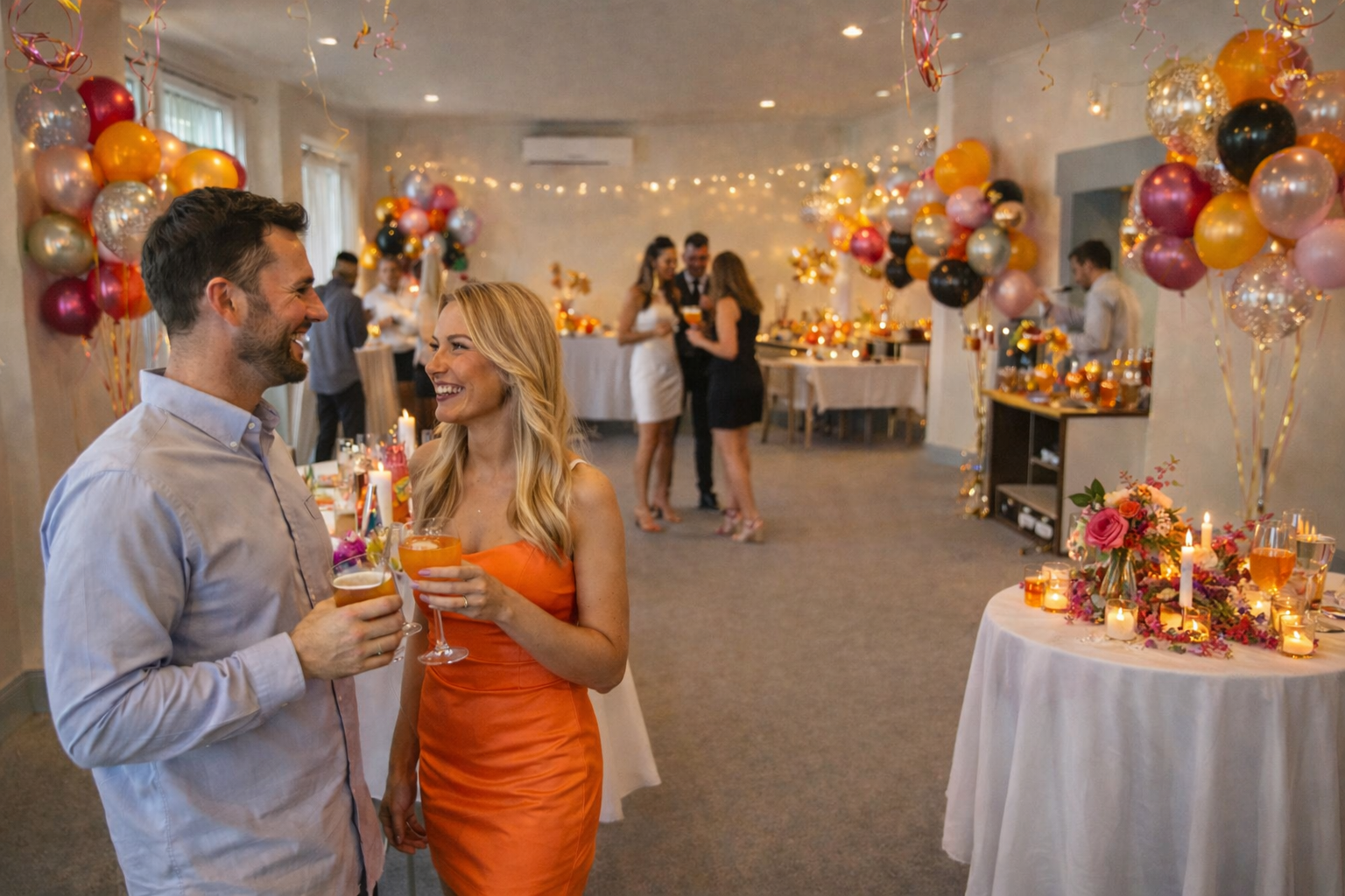 People celebrating an engagmnet party in function room with drinks and food, party decroatiosn