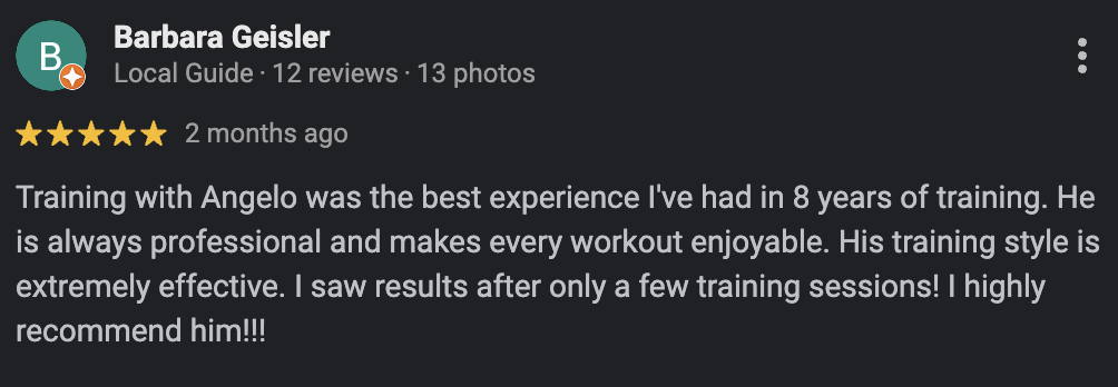 Screenshot of a five-star review for a trainer named Angelo, praising his professionalism and effectiveness.