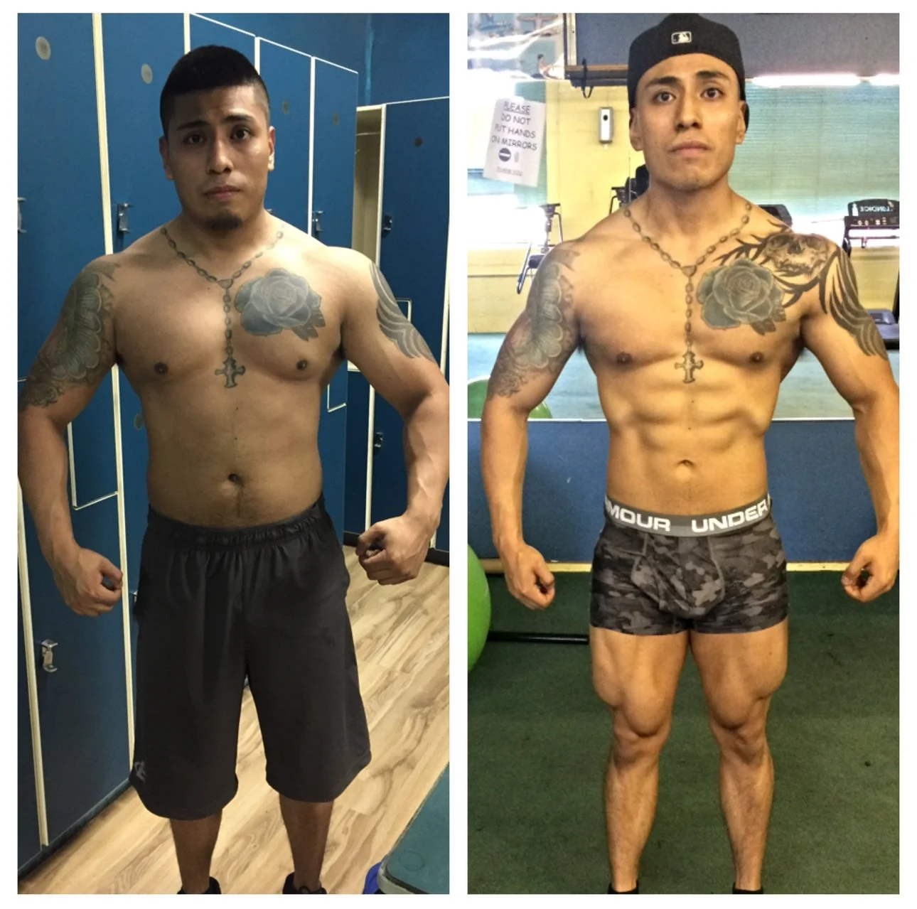 Side-by-side comparison of a man before and after fitness transformation. In the 'before' photo, he is shirtless, wearing black shorts, with a neutral expression, in front of lockers. In the 'after' photo, he is shirtless, wearing camo-patterned unde