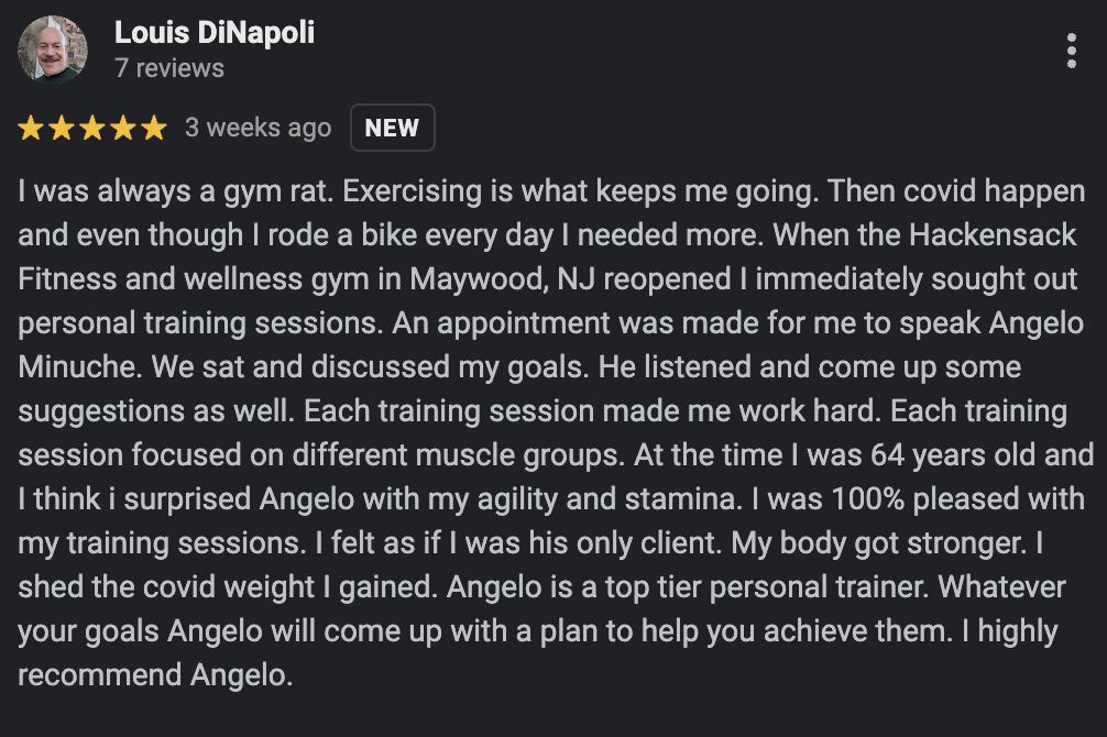 Screenshot of a Google review for Angelo Minuche praising his personal training services at Hackensack Fitness and Wellness in Maywood, NJ.
