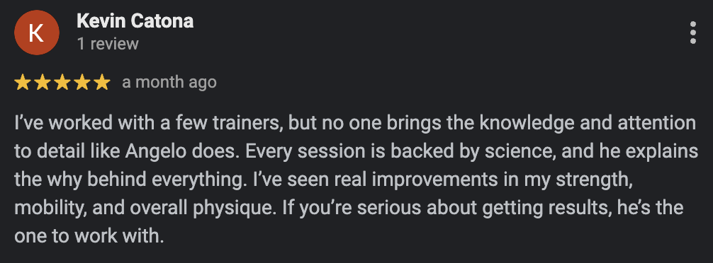 Customer review of a trainer named Angelo, praising his scientific approach and attention to detail, with comments on physical improvements.