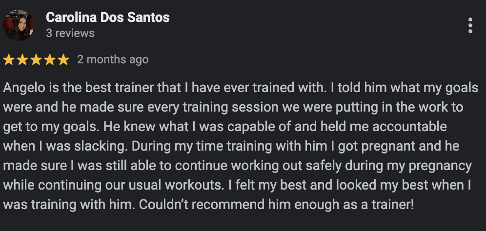 Screenshot of a five-star review for a trainer named Angelo, praising his personalized training and accountability during pregnancy.