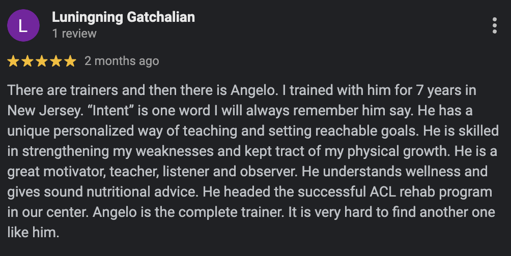 Screenshot of a positive review for Angleo, a trainer, describing his personalized teaching style, expertise in health and wellness, and role in a rehab program.