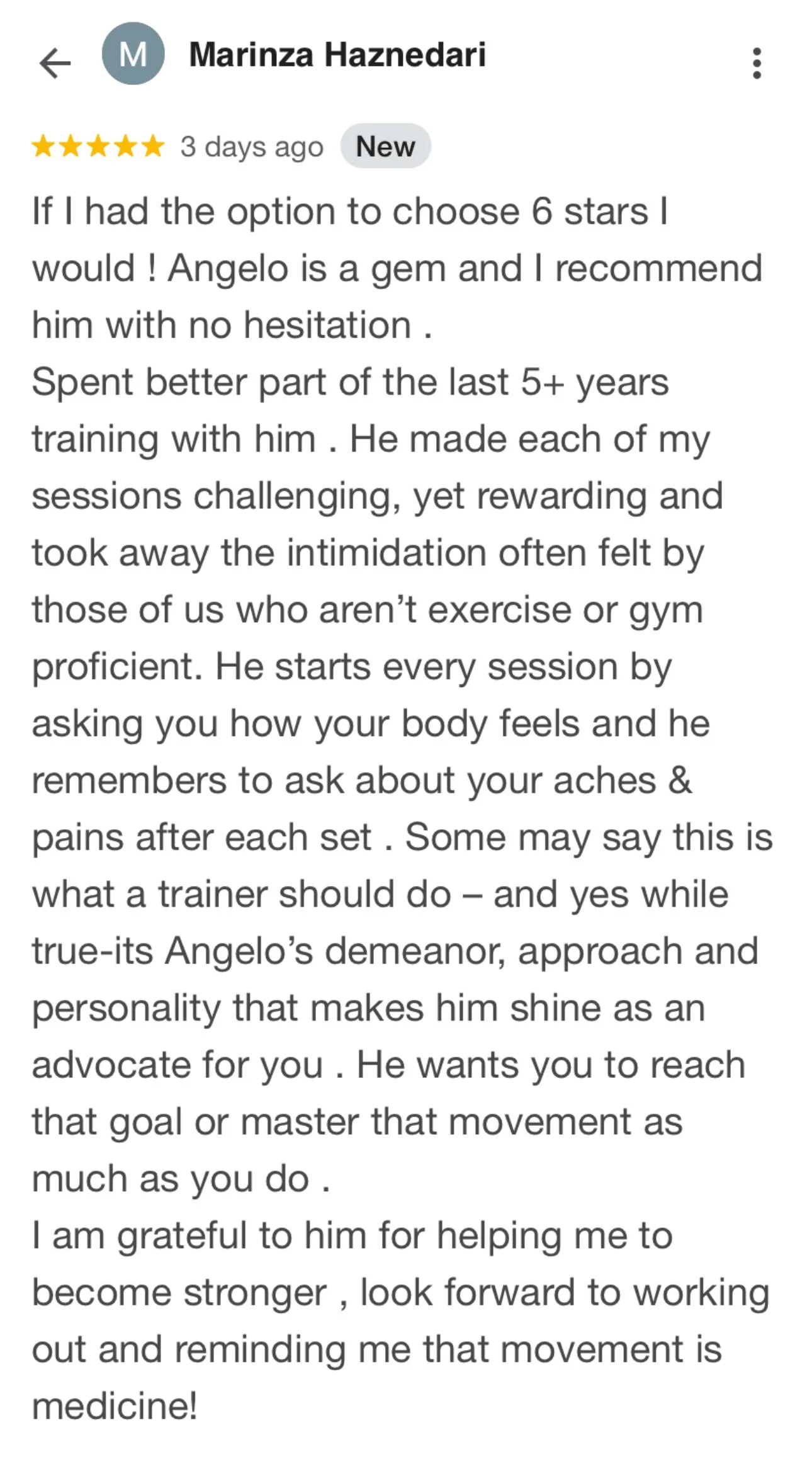Screenshot of a positive review for a trainer named Angelo, praising his approach, personality, and effectiveness in coaching.