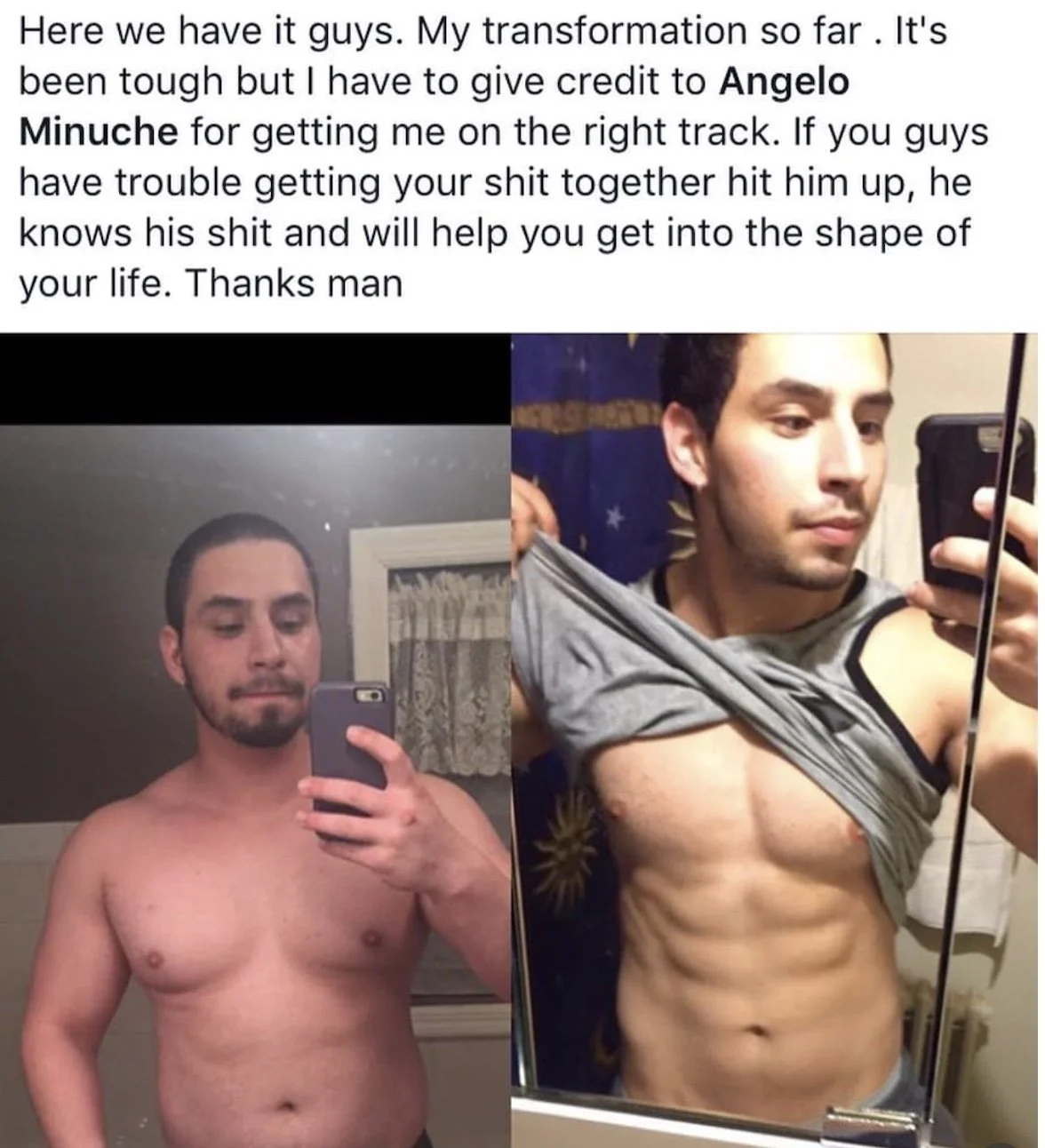 Side-by-side mirror selfies of a man before and after body transformation, with text praising a trainer for helping him achieve a toned physique.