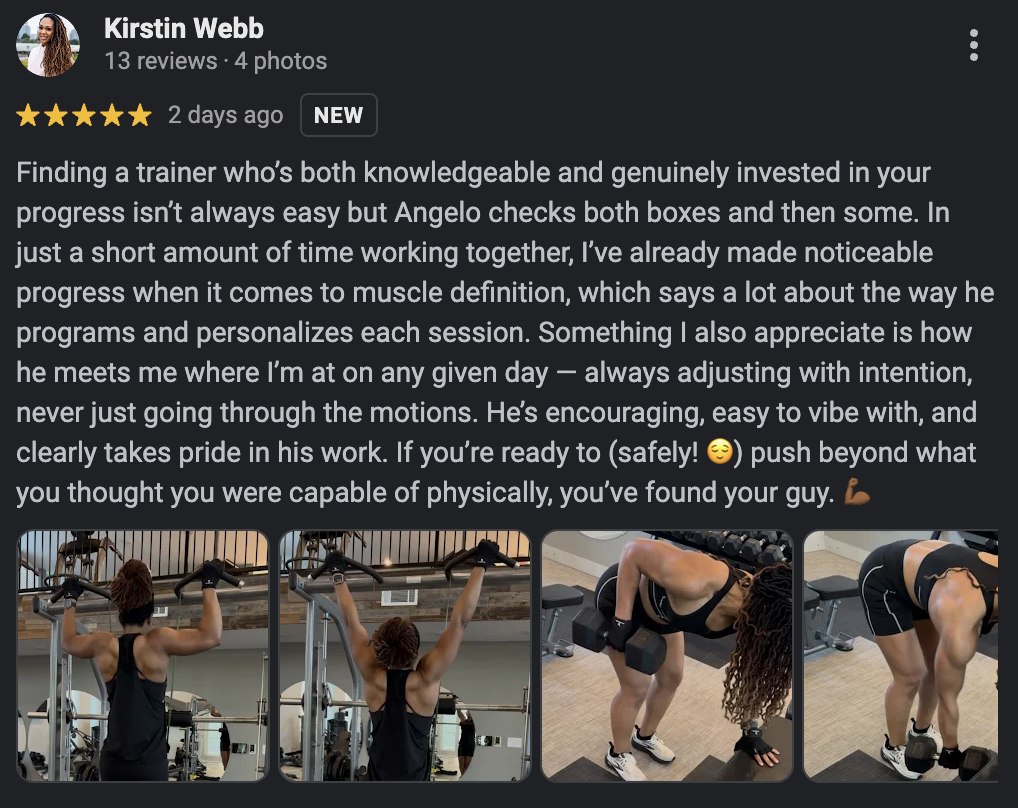 Sequence of four photos of a woman with curly hair working out at the gym, performing exercises with barbells and dumbbells.