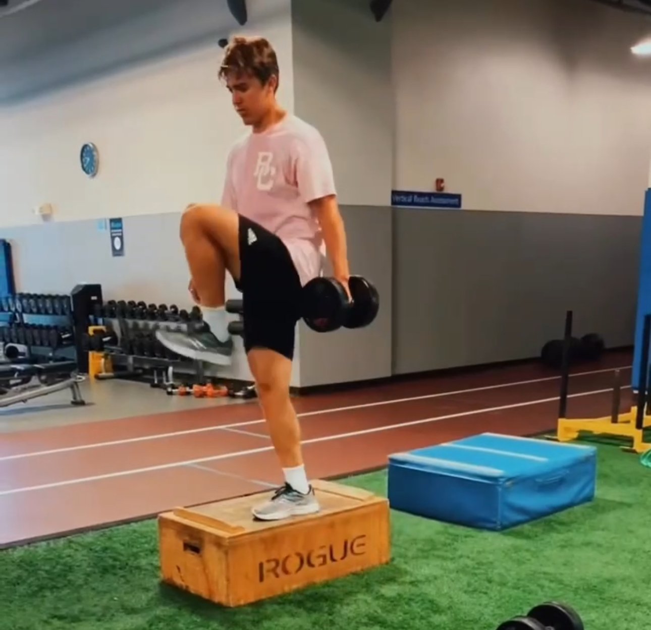 A young man in gym attire performing a step-up exercise on a wooden box labeled 'ROGUE' and holding a dumbbell in one hand.