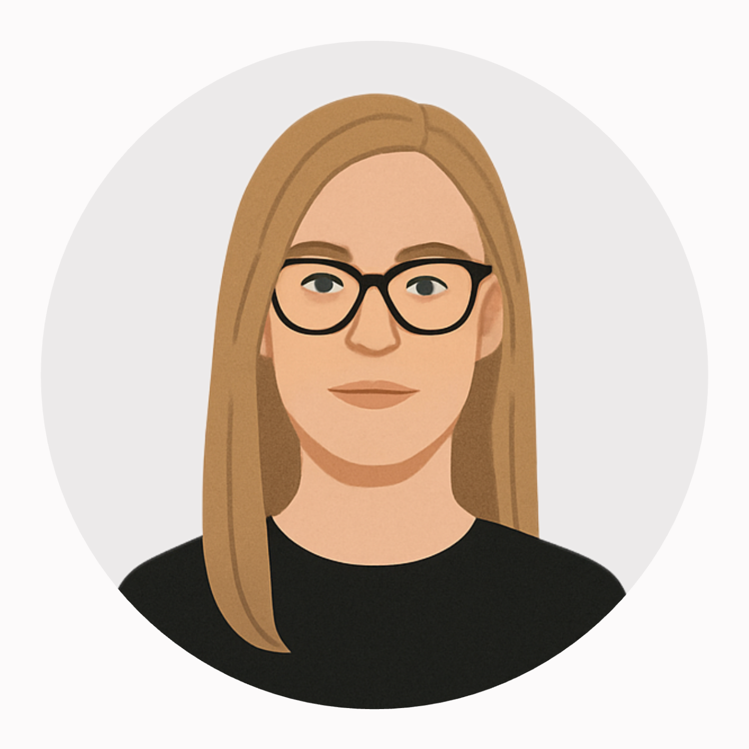 Illustration of a woman with long blonde hair, wearing black glasses and a black top, against a light gray background.