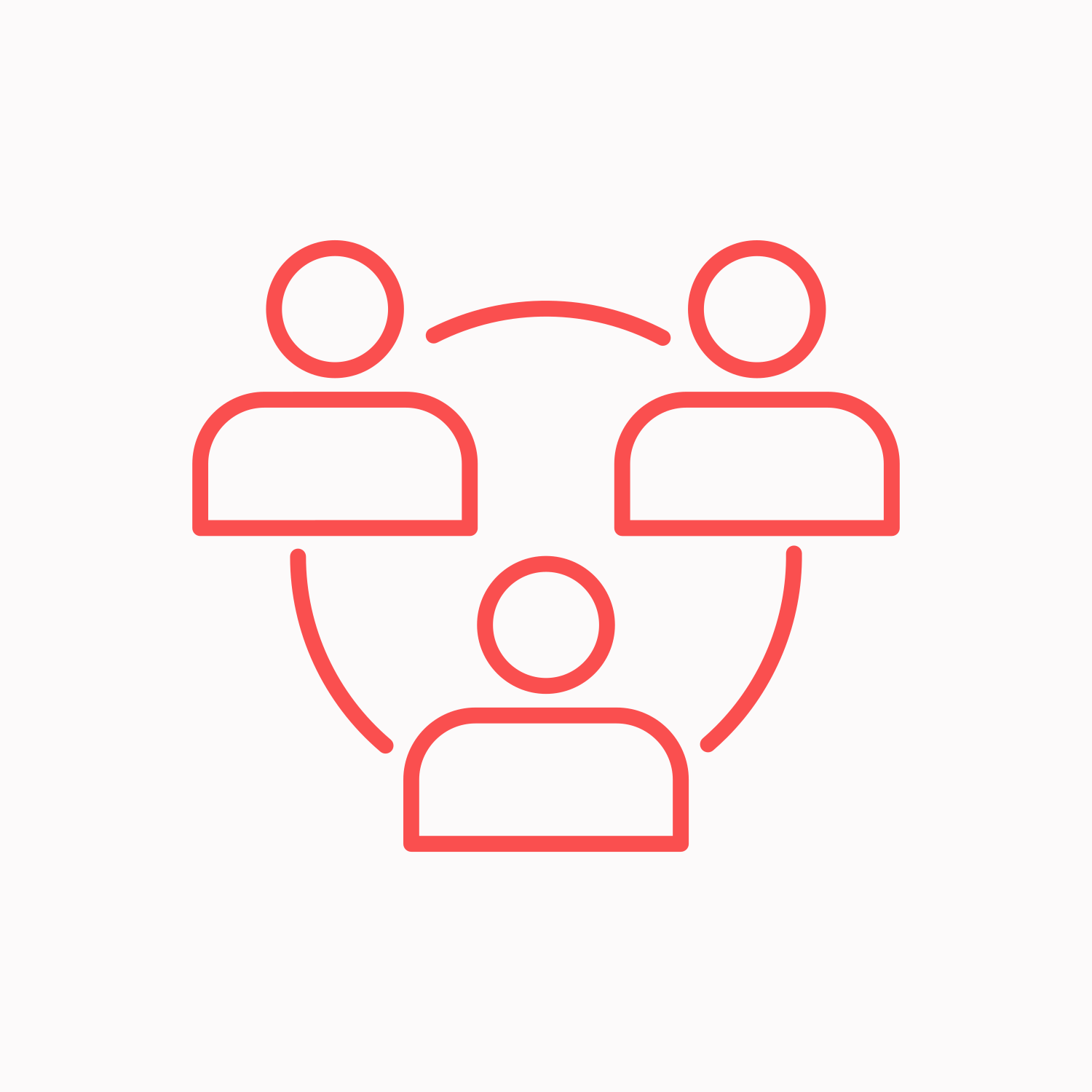 Line drawing of three interconnected people with circle icons and connecting lines, representing teamwork or collaboration.