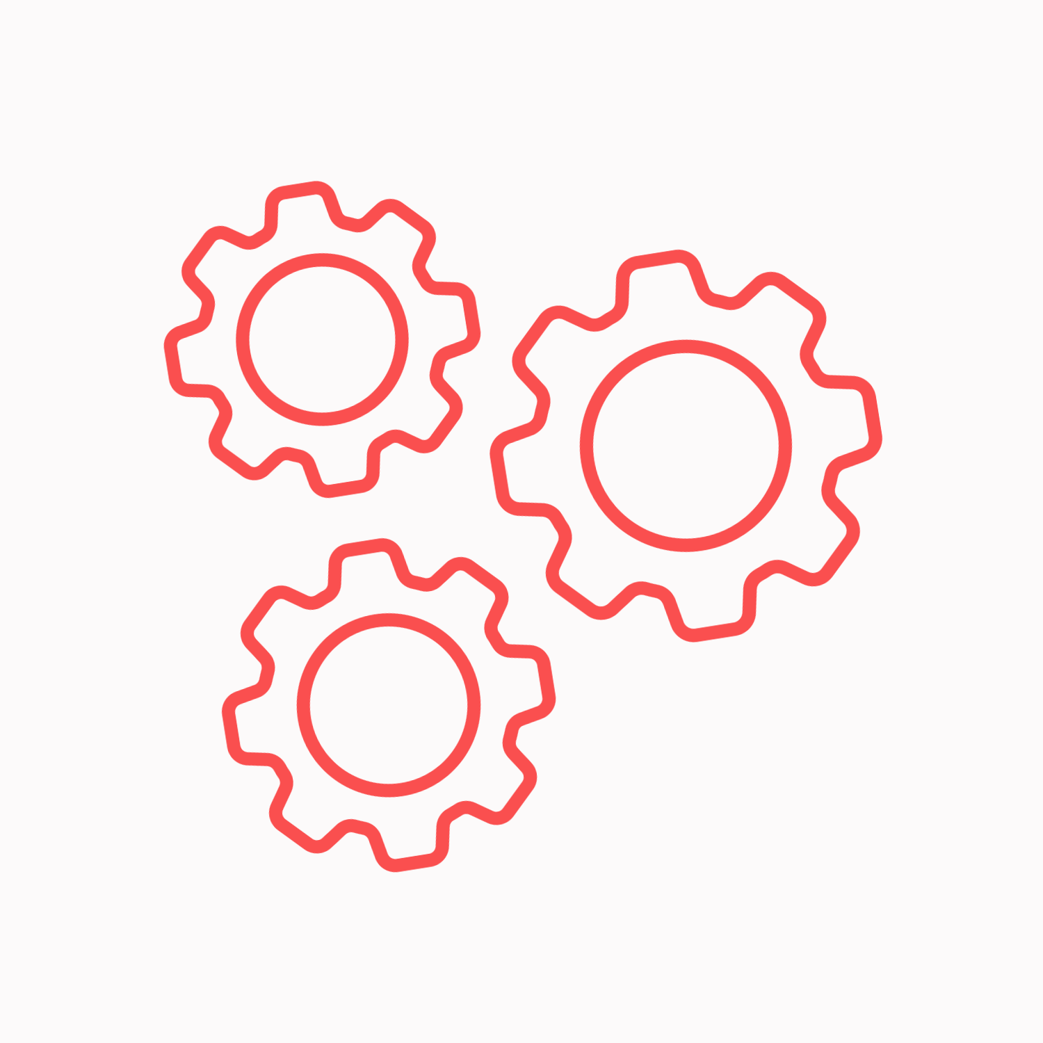 Outline of three red gears on a white background.