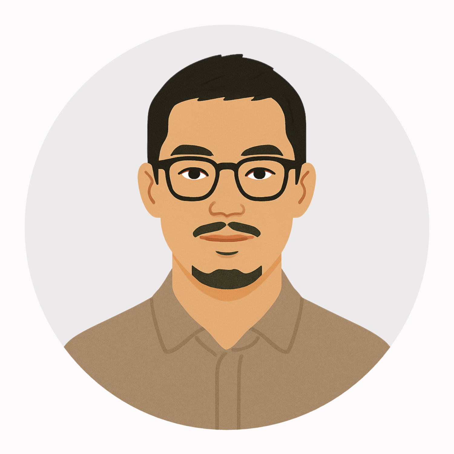 An illustrated portrait of a man with black hair, glasses, a mustache, and goatee, wearing a brown collared shirt.