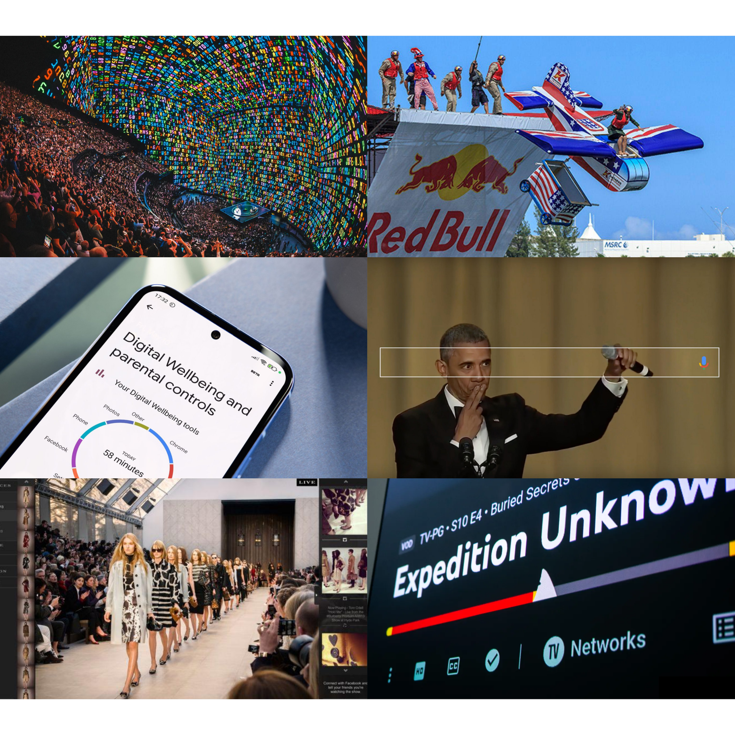 A collage of six images, including a concert with a colorful digital art display, skydivers at Red Bull Flugtag event, a smartphone screen showing digital wellbeing data, a man giving a presentation, a fashion runway show, and a TV screen displaying the title "Expedition Unknown".