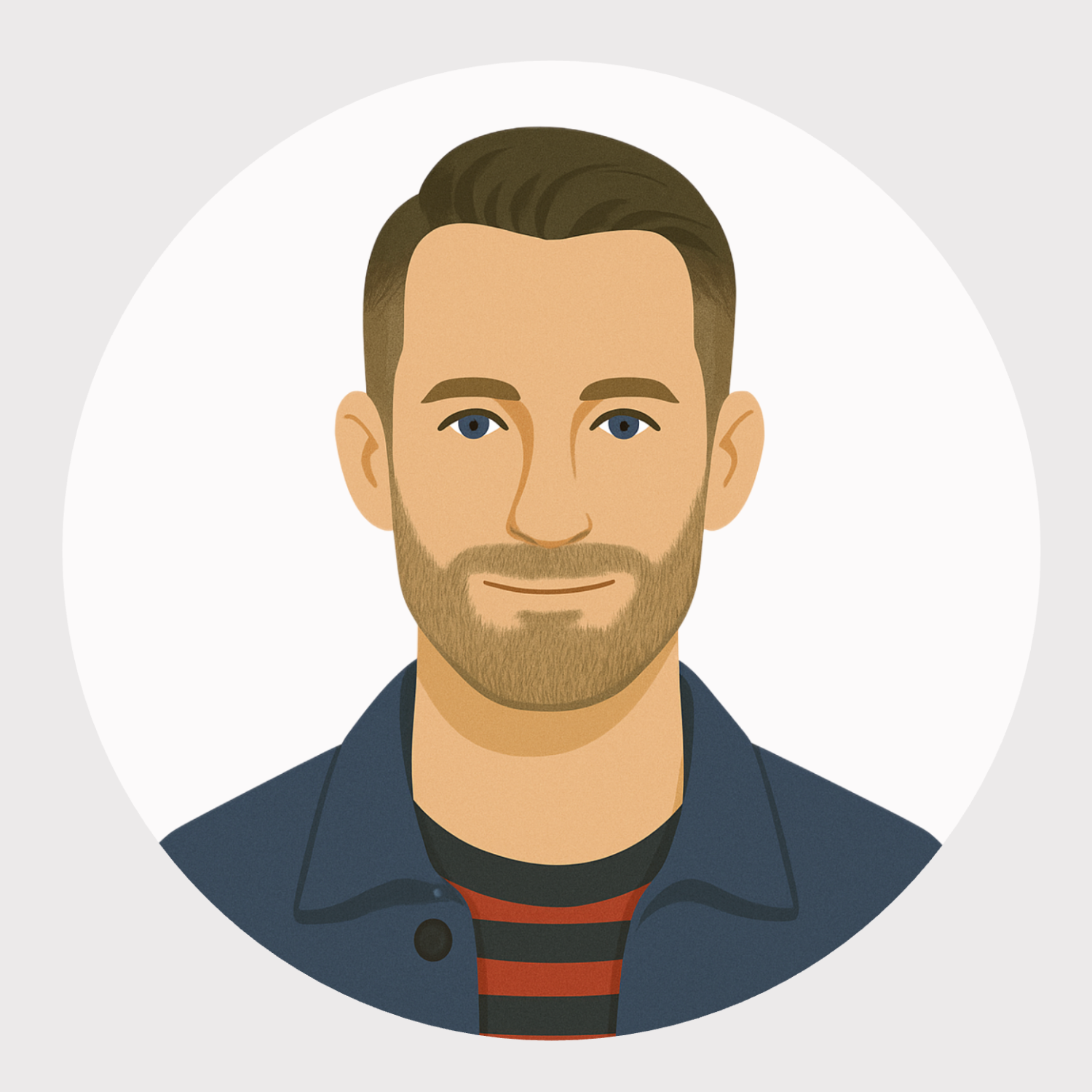 Illustration of a man with brown hair and beard, wearing a dark blue jacket over a black and red striped shirt, smiling with a neutral background.