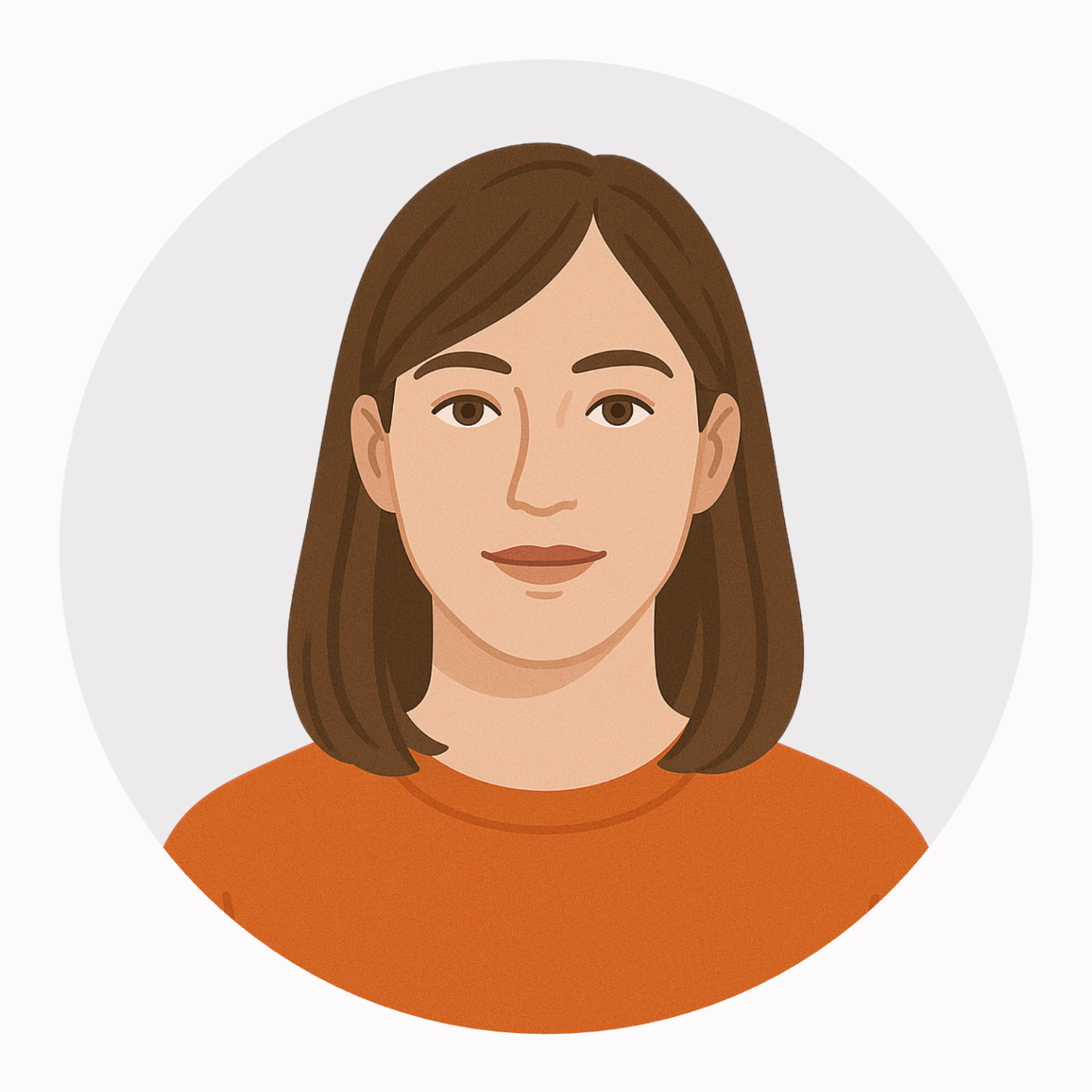 Digital illustration of a woman with shoulder-length brown hair, wearing a burnt orange top, with a neutral expression, against a light gray circular background.