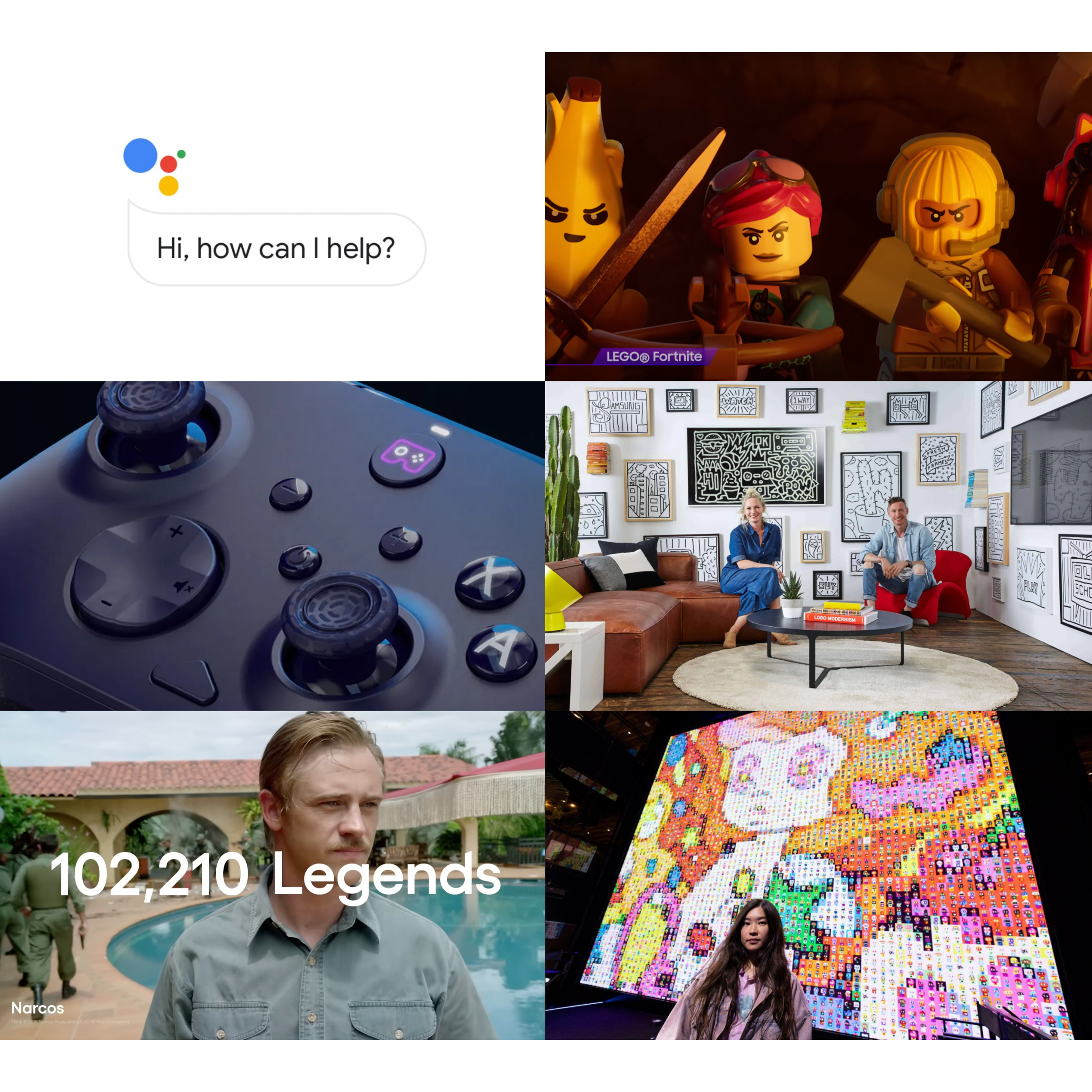 A collage of six images: 1. Google Assistant logo with a speech prompt saying 'Hi, how can I help?'. 2. LEGO figures from Fortnite with weapons. 3. A gaming controller with purple lights. 4. Two people sitting in a modern art-filled living room. 5. A man in front of a pool with the text '102,210 Legends' overlaid. 6. A woman standing in front of a colorful digital art display.