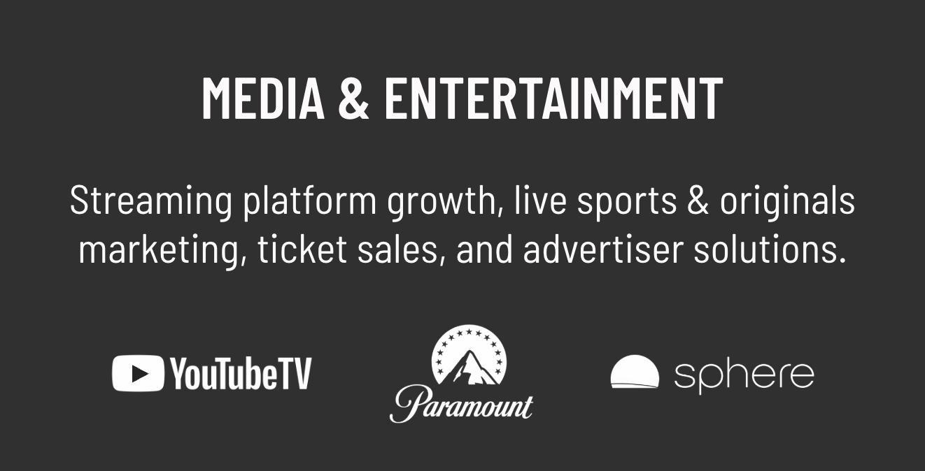 Black background with white text about media and entertainment, featuring logos for YouTube TV, Paramount, and Sphere.